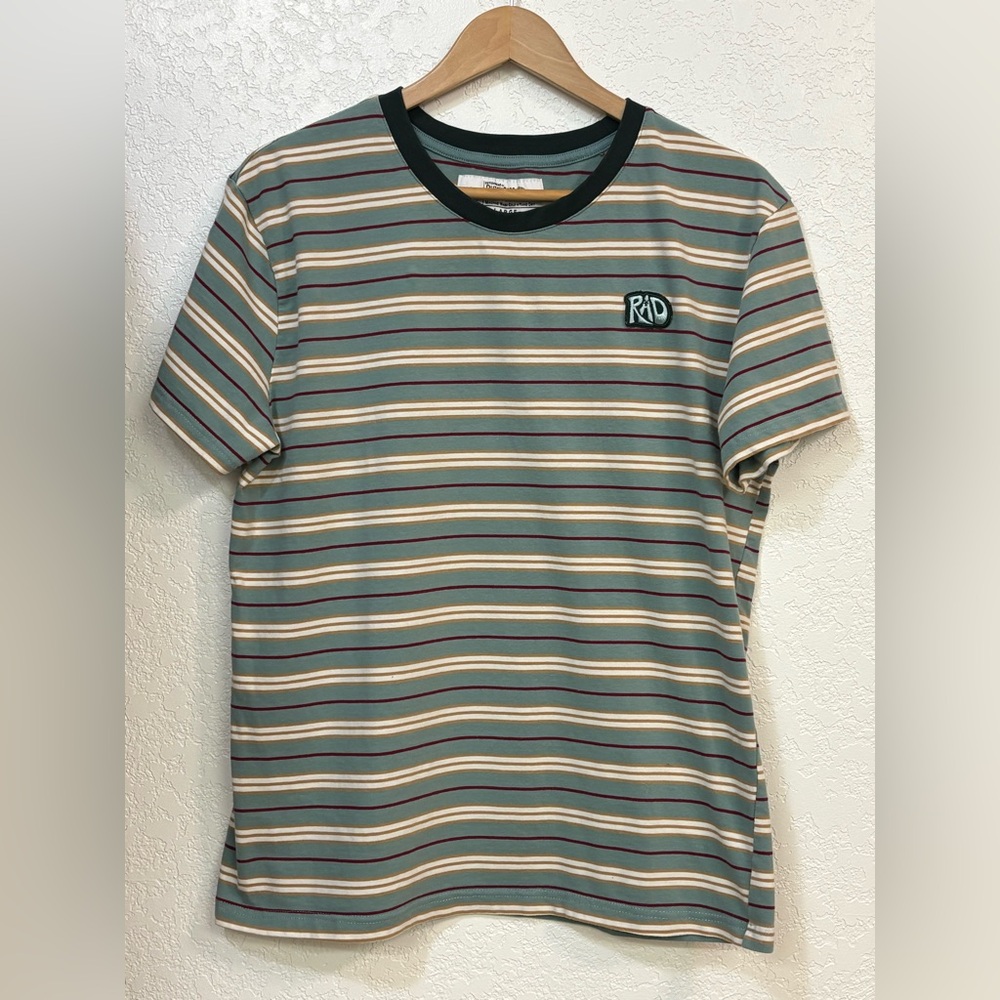 Dutch Bros Striped Short-Sleeve Tee in Sage Green with Cream & Rust Accents